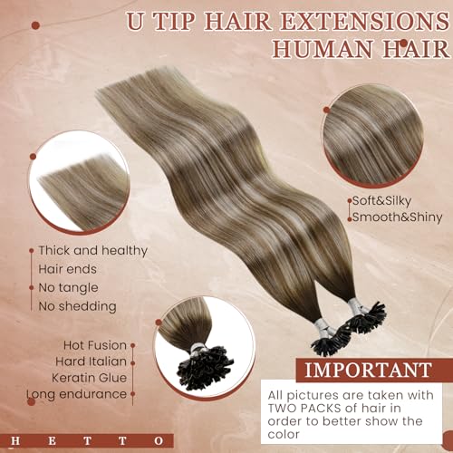Hetto U Tip Hair Extensions Real Human Hair 22 Inch Balayage Brown Ombre Blonde K Tip Hair Keratin Prebonded Remy Hair for Women 50g 50strands #3/8/22 - Image 2
