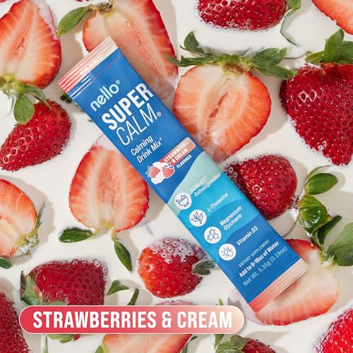 Image of Nello Supercalm Powdered Drink Mix, Cortisol Reducer*, Sleep Aid Supplement, L Theanine, Ksm-66 Ashwagandha, Magnesium Glycinate, Vitamin D 3, No Sugar, Non GMO, 20 Ct, Strawberries & Cream