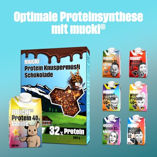 mucki Protein Knuspermüsli mit Schokolade 360g Single Pack – Hochwertiges Protein Müsli ohne Zucker – Proteinreiches Schokomüsli mit 32% Proteingehalt, Haferflocken, Sojacrispies und Ballaststoffen