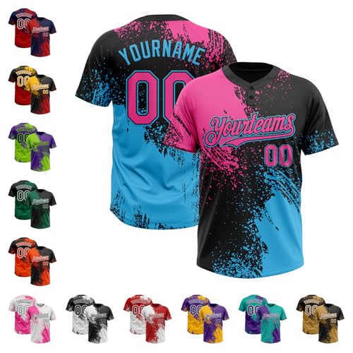 Custom Baseball Jersey Two Button, Personalized Pink Black and Sky Blue Softball Shirt Brush Pattern Pickleball Team Uniform Stitched Name Number Logo for Men Women Youth Boy, Make Sports Fan T-Shirts