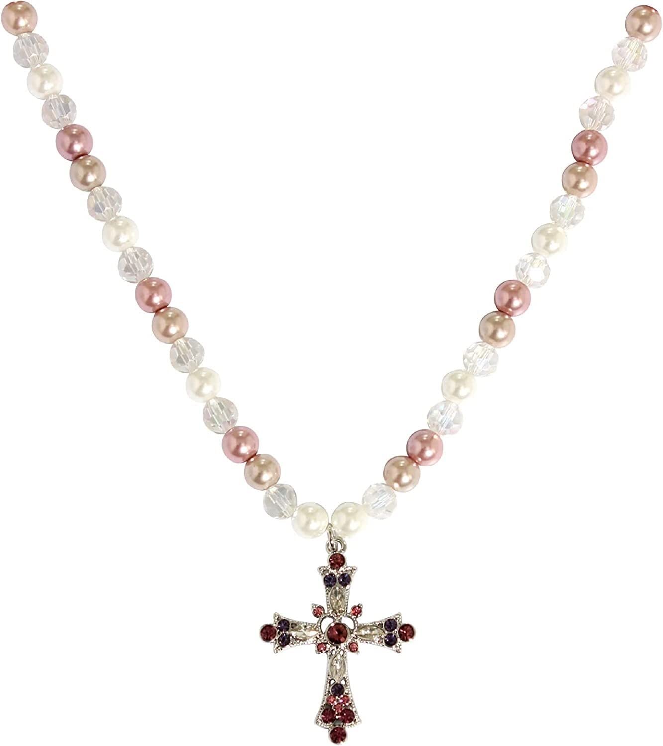 ROFRA Pearl Necklace Colorful Beaded Glass Pearl Retro Fashion Sunshine Cross Pendant Necklace for Women Fashion Jewelry,White