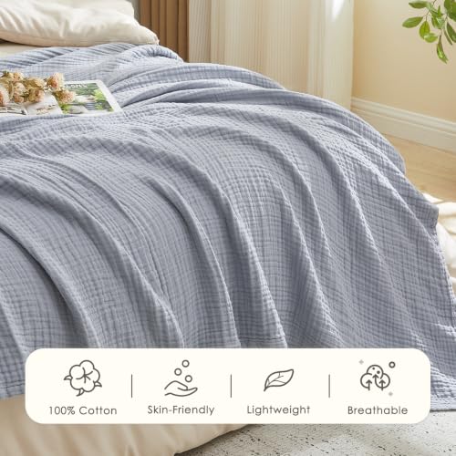 Image of EMME Muslin Blankets for Adults Throw Blanket for Couch Breathable Gauze Soft Lightweight Airy Dusty Blue Super King 120 inch x 94 inch