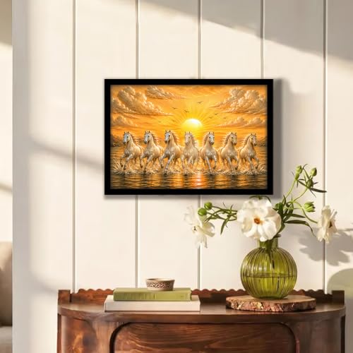 Image of PAINTINGMANTRA 7 White Running Horses Framed Wall Art Painting For Living Room, Vastu Poster with frame for Wall, Decoration item for bedroom, 10x13 Inch