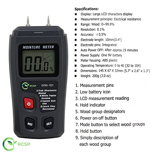 Image of RCSP Wood Moisture Meter Digital Large LCD Display with 2 pin Test Probe Humidity Damp Meter for Firewood Paper Humidity Measuring Grey