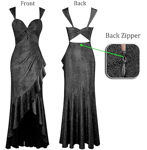 Image of VFSHOW Womens Glitter Sweetheart V Neck Twist Front Backless Ruched Ruffle Slit Formal Evening Gown Maxi Dress
