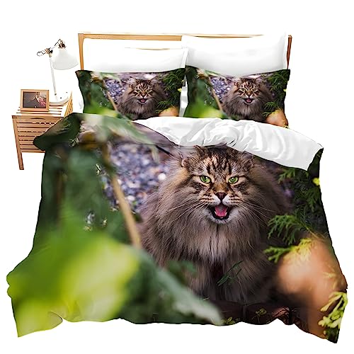BIAFRA Juego de Ropa de Cama 90 cm de Microfibra Suave Funda de Edredón Gato Maine Coon Verde Funda Nordica 150x200 cm con 2 Fundas de Almohada 50x75cm, con Cremallera