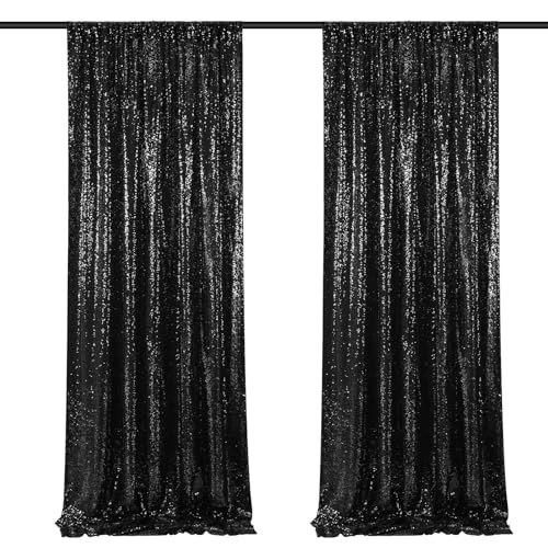 Image of Black Sequin Backdrop Curtains-2 Panels 3FTx8FT Black Backdrop for Wedding, Glitter Party Decorations Background Drapes for Birthday Party Anniversary Graduation Photo Booth Decor