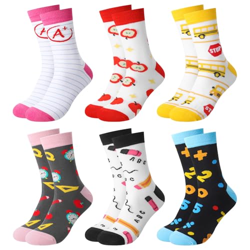 scenicamp 6 Pairs Novelty Socks Funny Women Casual Crew Socks for Teacher Student with Pencil School Bus Pattern for Teacher Appreciation Gifts
