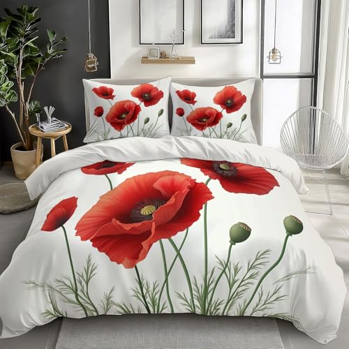CozyRest Parure de Lit Coquelicot Rouge Imprimé Housse de Couette avec 1 Taies d'oreiller Réversible Literie en Polycoton, pour Enfants Garçon Filles 90 x...