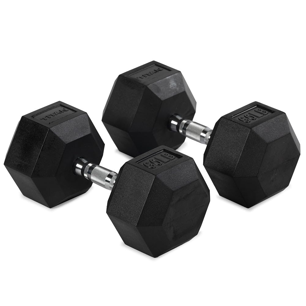 Titan Fitness 60 LB Pair Free Weights, Black Rubber Coated Hex Dumbbell, Ergonomic Cast Iron Handle, Strength Training