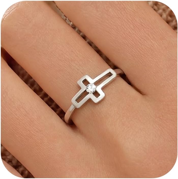 Cross CZ Crystal Ring for Women 925 Sterling Silver Hollow-out Cross Ring Purity Christian Jesus Promise Rings Religious Faith Birthday Wedding Graduation Baptism Jewelry Gifts for Mother Daughter