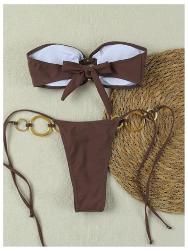GORGLITTER Women's Strapless Bikini Set String High Cut Thong Ring Linked Bandeau Swimsuits2
