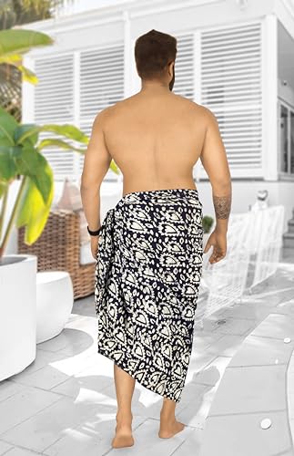 HAPPY BAY Men's Batik Beach Holidays Cover Up Summer Long Sarong Wrap Beachwear Vacation Dashiki Cover-Up Lava Lava for Men One Size Navy, Hearts4