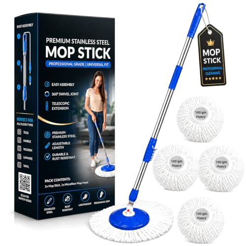 Image of Ultra Premium 360 Spin Mop Stick Rod with Stainless Steel Handle | Adjustable & Extendable Heavy Duty Mop Handle | Floor Cleaning Refill Rod Compatible with Spin Mop (Blue) (4 Heads)