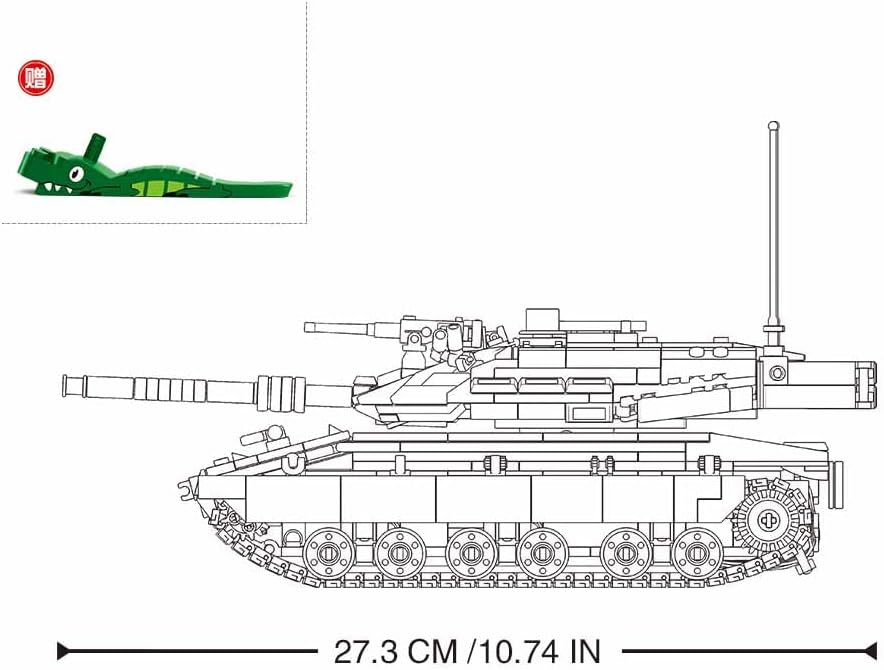 Diagram showing the length of the Sluban Power Bricks-RC Mk4 Tank as 27.3 cm or 10.74 inches