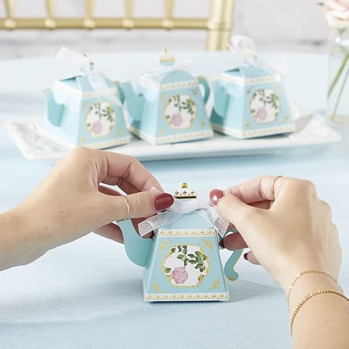 Miniatura 2 de Kate Aspen, Colección vintage floral para fiesta de té, tetera, tamaño único, lámina azul y dorada (28592NA), caja de recuerdo de tetera con lámina