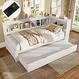 PUGSDRLY Lit 1 Place 90x200cm avec lit gigogne et Compartiments de Rangement,Lit 1 Personne avec Prise électrique et 2 Ports USB,pour Enfant Adolescent Adulte,sans Matelas (Blanc B 90)