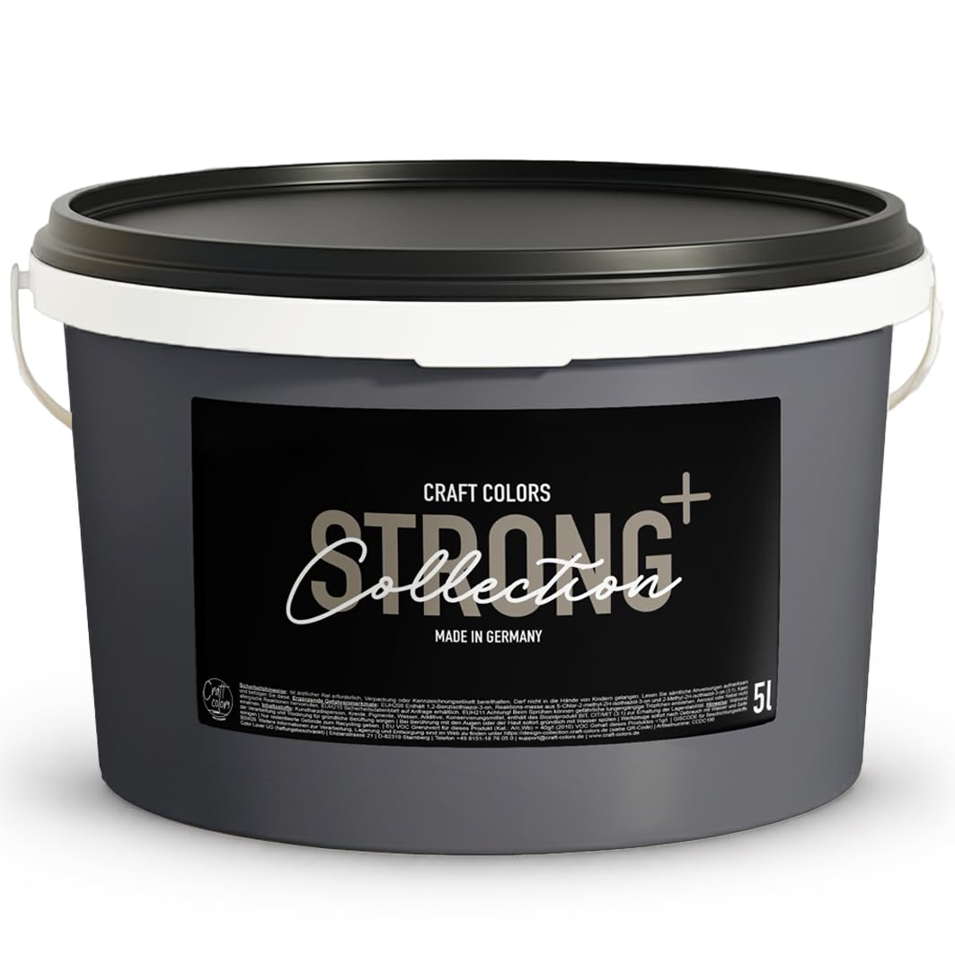 Craft Colors Wandfarbe Strong+ Schiefer, 5 Liter für stark beanspruchte Flächen wie Treppenhäusern, Fluren, Kellerräumen und Garagenwänden - Nassabriebklasse 1 - Made in Germany