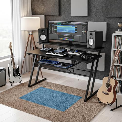 Image of FFO Music Studio Desk with Keyboard Tray | Multipurpose Work Desk for Home Office | Computer Table for Home, Office & Music Production | Laptop PC Workstation | Black | 120L x 60W x 100H CM | DIY