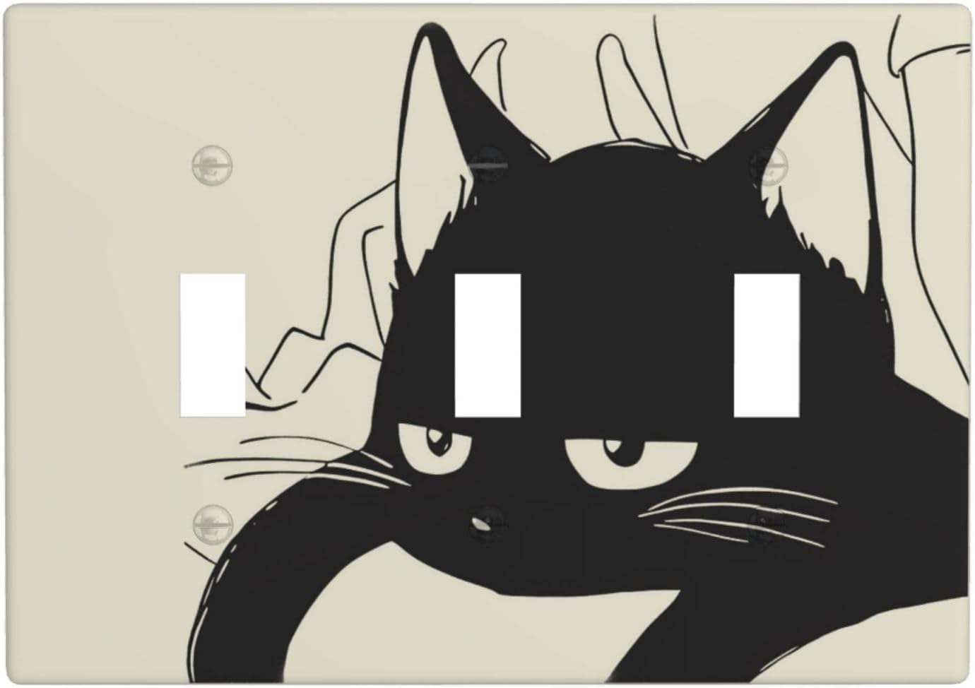 Funny Cute Black Cat Light Switch Cover Decorative Khaki Wall Plate 3 Gang Triple Toggle Electrical Receptacle Faceplate for Bathroom Kitchen Bedroom