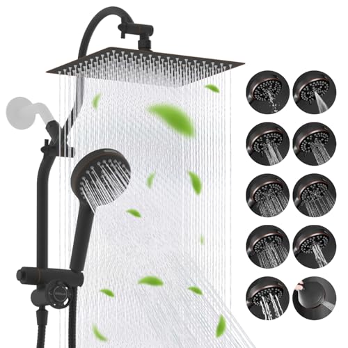Image of Hibbent High Pressue All Metal 12 inch Rainfall Shower Head, Handheld 10-Spray | cUPC Certified Oil-Rubbed Bronze Dual Showerhead Combo, 4-way Diverter with Pause Mode, Extension Arm, 71'' Hose & Holder