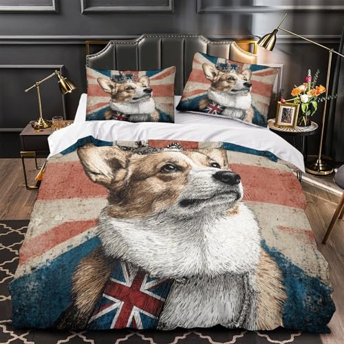 JQKZXNHPDR Corgi Chien Ensemble De Literie 3D Effet Microfibre Hypoallergique 3 Pièces Taie Super Douce Royal British Parure de Lit Ultra Douce Entretien...