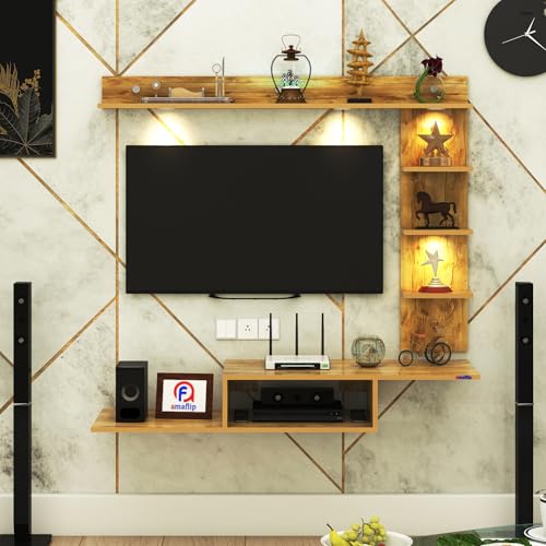 Image of Wintor Engineered Wood Wall Mounted TV Unit with 4 LED Lights, 3 Open Shelves, 1 Storage Box & Decorative Display Shelf for Living Room | Ideal for Upto 43 Inch TV- GiantWood(DIY Assembly)
