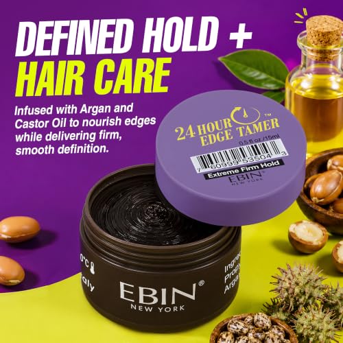 Image of EBIN NEW YORK 24 Hour Edge Tamer Extra Mega Hold, Edge Control, 0.5 Fl Oz | Edge Control Gel with Argan Oil & Castor Oil, No White Residue, Sleek Natural Hair, Styling Products for Women