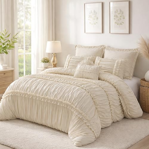 Homechoice Decor Camel Comforter Set Queen, 7 Piece Ruffled Bed-in-a-Bag