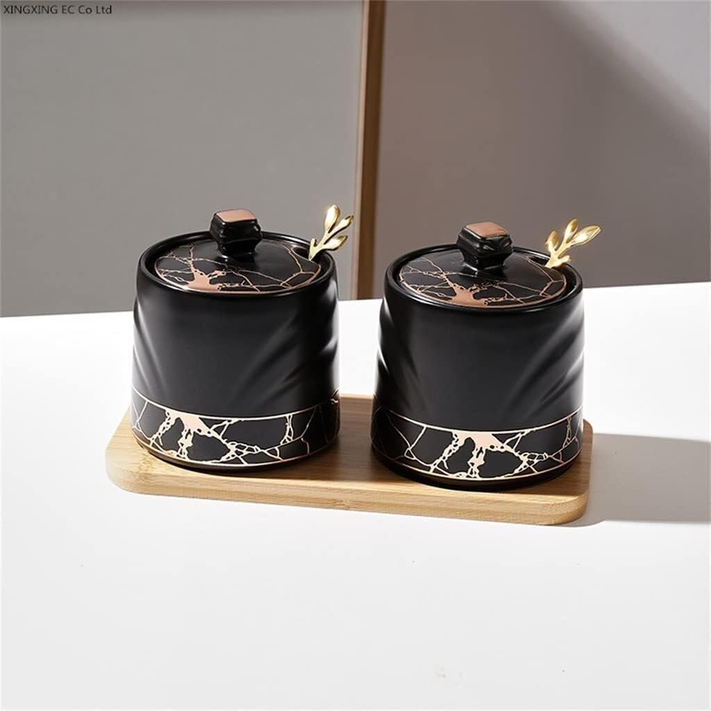 Ceramic Storage Jar with Lid and Wooden Tray – Seasoning Box for Salt Pepper Kitchen Spice Organizer Clear Dosage Control Stylish Home Solution