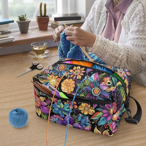 Image of Drnuikhe Hibiscus Flower Crochet Bag Knitting Bag for Yarn Storage Portable Yarn Storage Bag for Beginners Crochet Lovers, Traveling Crochet Yarn Bag for Carrying All Knitting & Crochet Supplies