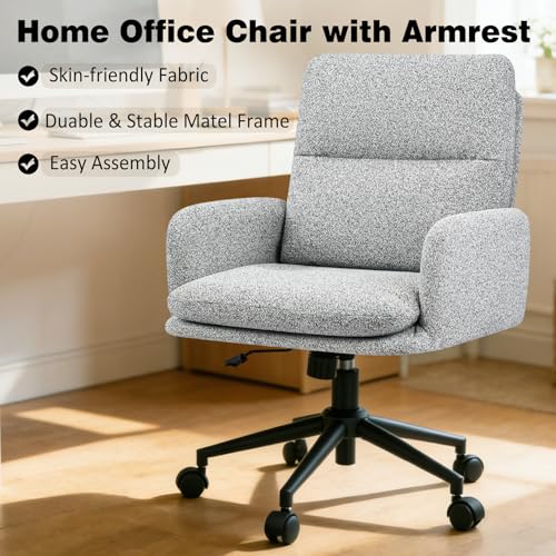 Image of Comfortable Ergonomic Office Chair, Upholstered Desk Chair with Double-Layer Cushioning, Adjustable Height Swivel Task Chair with Padded Armrests, Rolling Wheels and Metal Base, Light Grey