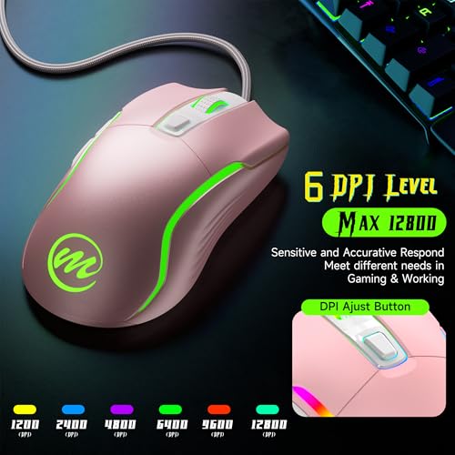 Image of memzuoix Wired Gaming Mouse with RGB - 6 Adjustable DPI up to 12800, 6 Buttons, 12 Lighting Modes, Ergonomic Design with Anti-Slip Rubber Wheel, 5.6ft Braided Cable for PC /Mac /Windows - Pink