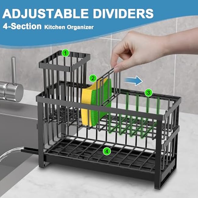 Hvisso 2-Tier Kitchen Sink Caddy with High Brush Holder, Sponge Holder for Sink, Kitchen Storage Organization Sponge Rack, Home Apartment Essential Gadgets Accessories (Black)