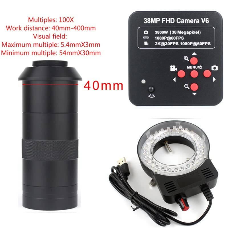 Microscope 2K 38MP 1080P HDMI USB Digital Video Microscope Camera 130X - 300X C-Mount Lens(100X)