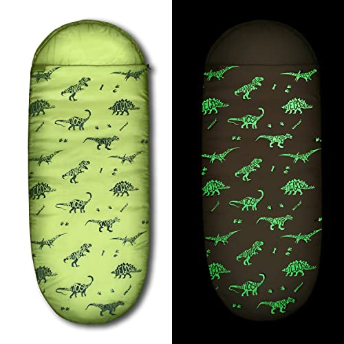 RIOYALO Kids Glow-in-The-Dark Dinosaur Sleeping Bag for Boys Camping Hiking - Machine Washable, Durable, Waterproof, Lightweight - Slumber Bag & Backpack 2 Pc Gift Set - Age 3-10 | 58