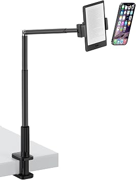 Viozon Tablet Holder Stand, Phone/Kindle Holder with Flexible Aluminum Alloy Long Arm, C Clamp for Headboard Bedside&Table, Compatible with 3.5-11" iPad,Kindle, iPhone 15 14 Plus/Pro Max,B