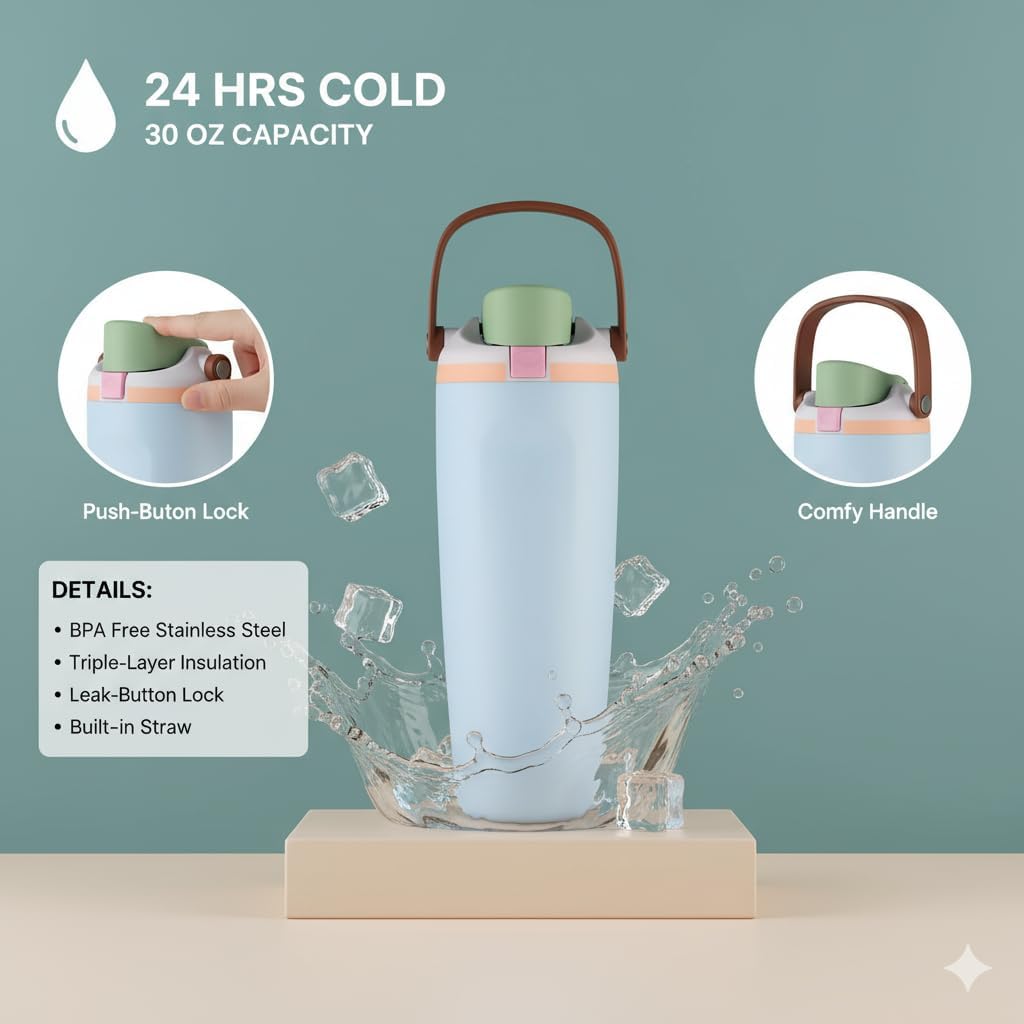 Insulated Stainless Steel Water Bottle with Two-Way Spout, Straw and Bucket Handle,for Travel, School, and Sports, 30oz (light blue) - Image 3
