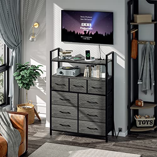Wasagun Dresser For Bedroom In Closet Dresser 9 Fabric Drawers Dresser With Outlet For Small Space Office Kids Teens Room Entry Black Grey Wood Grain #TOP6