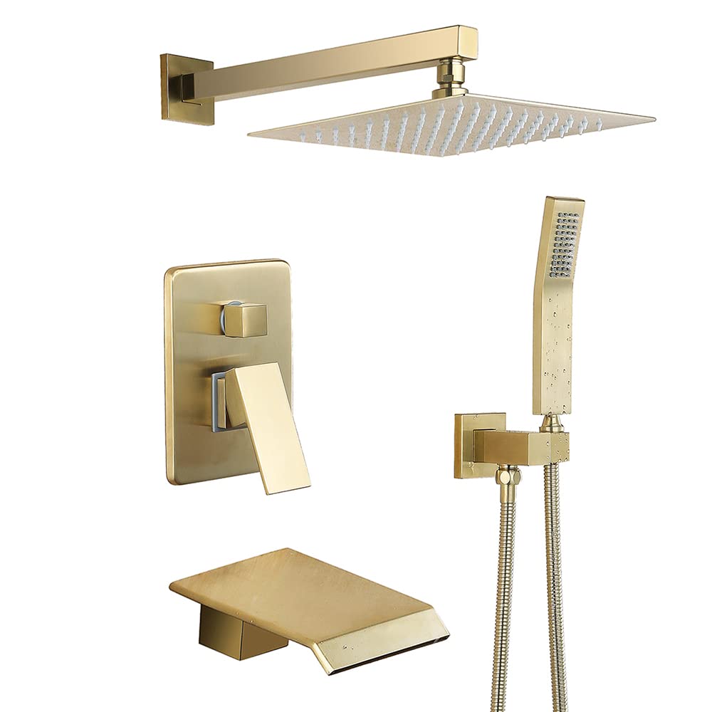 Buy Brushed Gold Shower Fixtures with Waterfall Tub Spout Shower Faucet