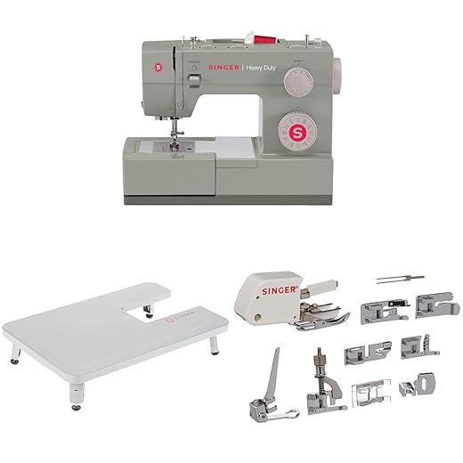 SINGER | Heavy Duty 4452 Sewing Machine, Gray & Mechanical Heavy Duty Sewing Machines Extension Table, Gray & Sewing Machine Accessory Kit, Including 9 Presser Feet, Twin Needle, and Case, Clear