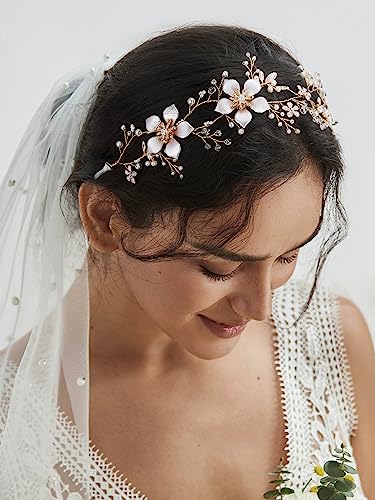 Sweetv Gold Wedding Headband, Pearl Flower Bridal Headpieces For Wedding, Crystal Hair Accessories For Women Girls Hair Vine #TOP4