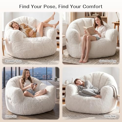 Image of Homkdom Giant Bean Bag Chair for Adults, Comfy Bean Bag Sofa with Armrests | Cozy Reading Chair & Stuffed Floor Sofa, Faux Fur Shell-Shaped Floor Chair for Living Room Napping, Gaming, Lounging, Beige
