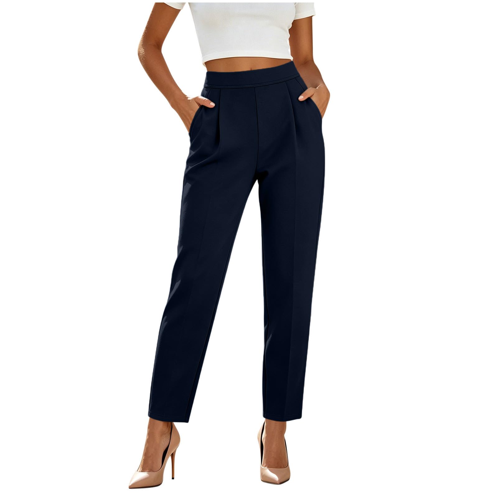 Générique Pantalon Costume Femme Été Couleur Unie, Décontracté Pantalon Taille Haute Élastique avec Poches, Pantalons Léger Jambe Droite, Pants Fluide Chic pour Travail Ville Maison