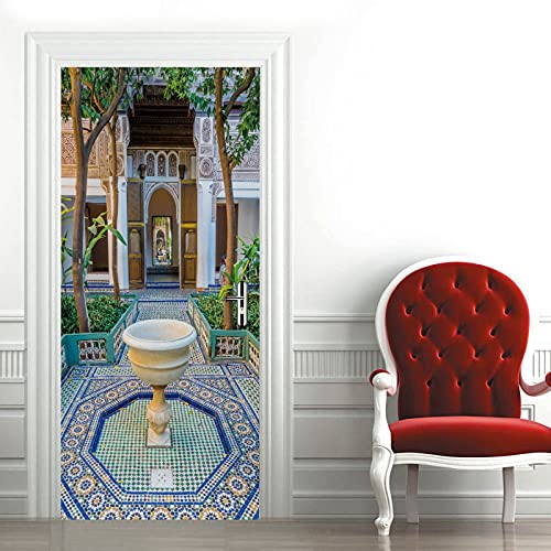 A.Monamour Sticker Porte Autocollant Poster De Porte 3D Jardin De Marrakech Palais Bahia À Marrakech Maroc Vinyle Affiche De Porte Sticker Mural Papier Peint Art Décor 77 x 200 cm