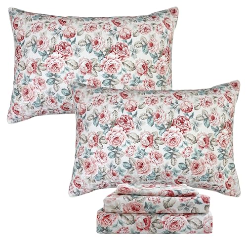 Image of FADFAY Rose Floral Sheets Set Twin XL Vintage Red Floral Bedding Shabby Rose Sheets French Country Farmhouse Bedding 800 Thread Count 100% Egyptian Cotton Deep Pocket Fitted Sheet 4Pcs, Twin XL Size