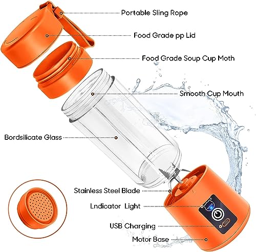 Image of Portable Blender, Personal Mini Juice Blender with Six Blades (Orange) | Mini Juice Blender with Six Blades in 3D, USB Rchargeable Juicer Cup, Take It for Traveling,Outdoor,Gym,Office,Cars,Gift
