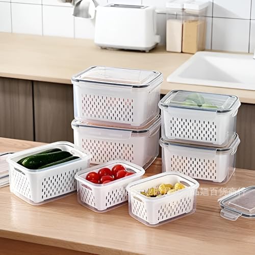 Homeor Airtight Refrigerator Storage Box, Vegetable Fruit Boxes, Drain Basket Kitchen Containers, Fridge Storage Containers, Pantry Organizer, 4 Piece (4150 ML, 2850 ML, 1600 ML, 750 ML - 1 Pc Each)