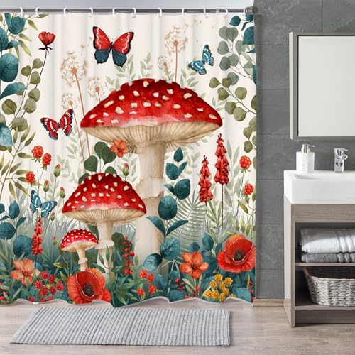 Image of Boho Mushroom Shower Curtain, Floral Woodland Farmhouse Cottagecore Aesthetic Sage Green Eucalyptus Shower Curtain Set, Fairy Witchy Plant Botanical Flower Fabric Bathroom Curatin with Hooks 72X72