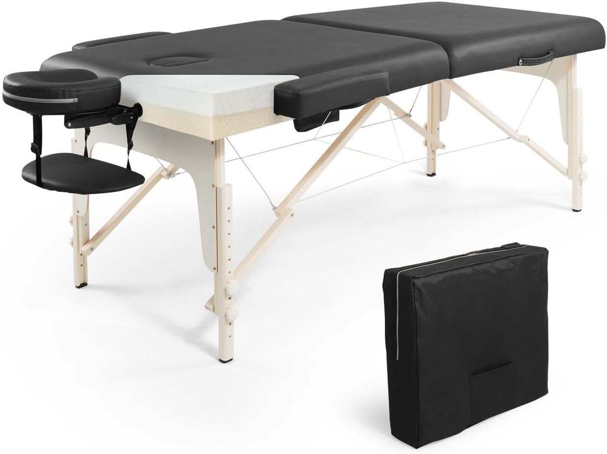 CAPHAUS Premium Memory Foam Massage Table, 84 Inch Foldable & Portable, Height Adjustable Spa Bed, Facial Cradle Salon Bed, Wooden Legs & Carry Case, 32 Inch Wide, Black product image